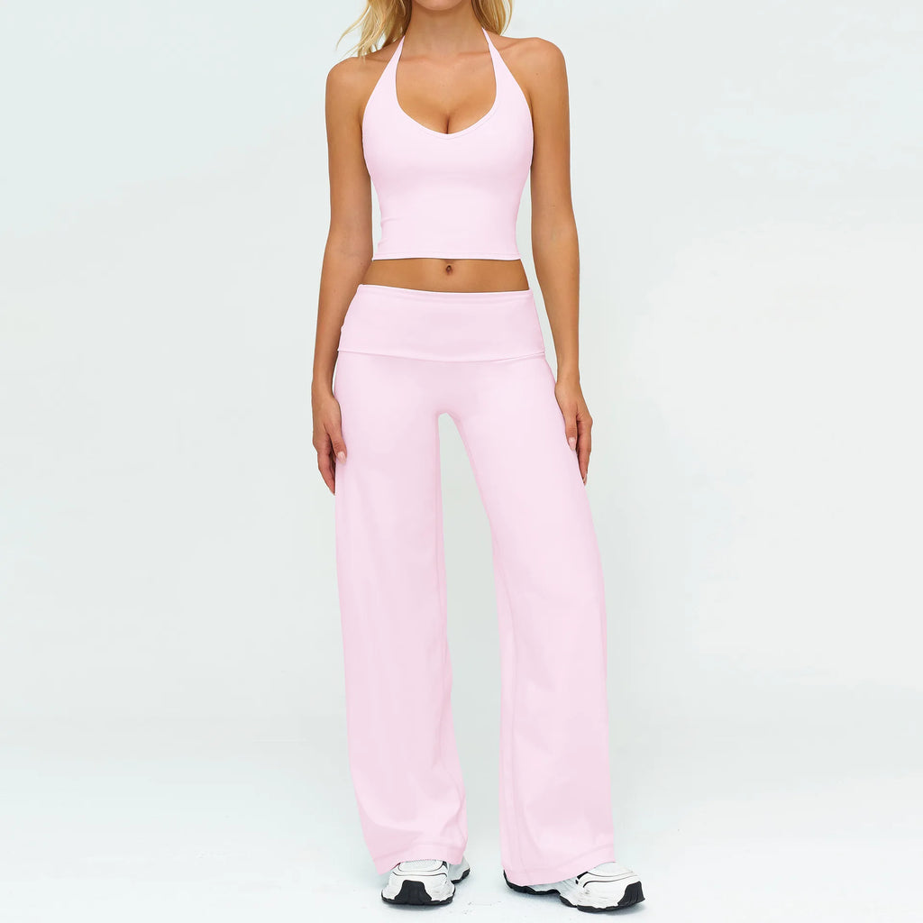 Light pink halter sports bra and wide-leg yoga pants set, 2-piece