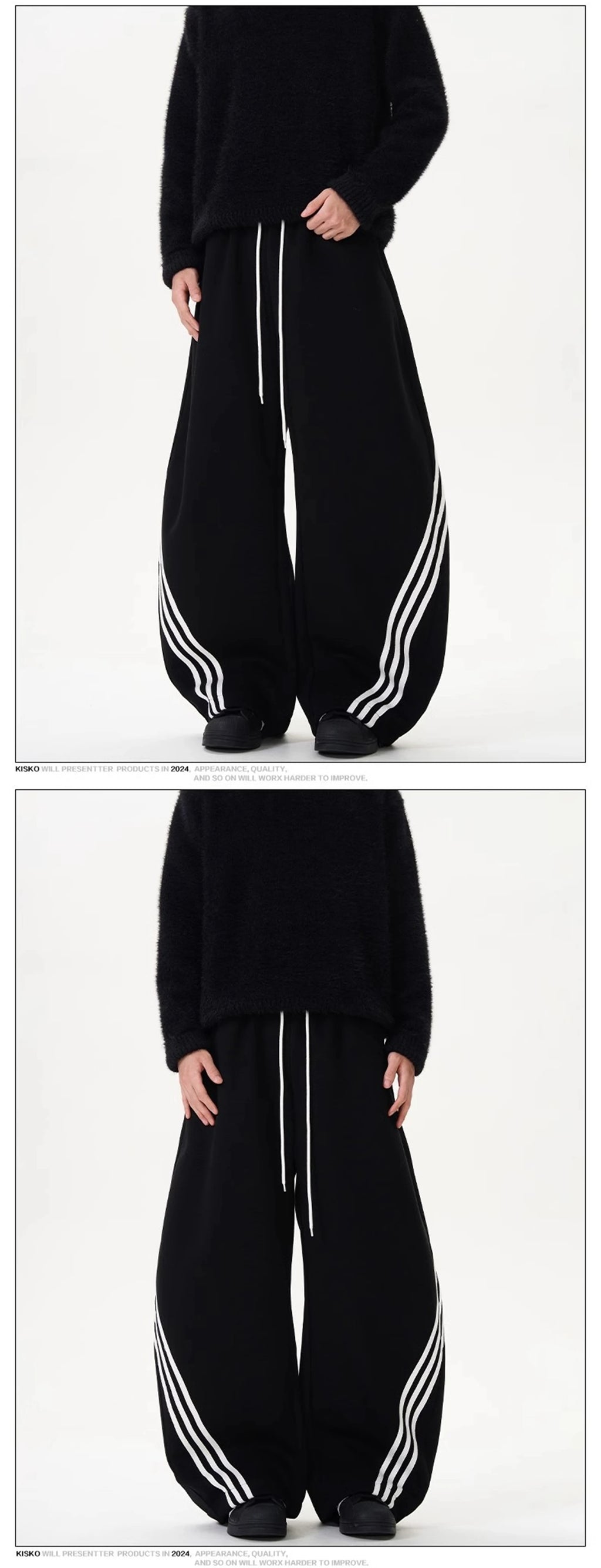 Black wide-leg sweatpants with white side stripes and drawstring waist, full length view.