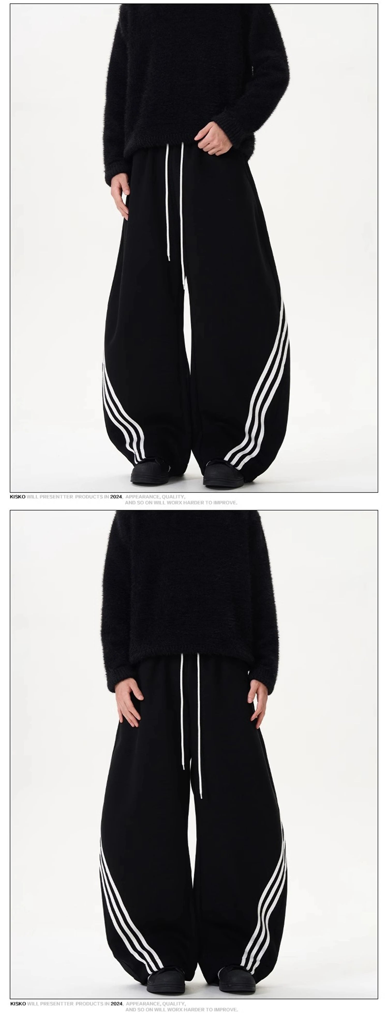 Black wide-leg sweatpants with white side stripes and drawstring waist, full length view.