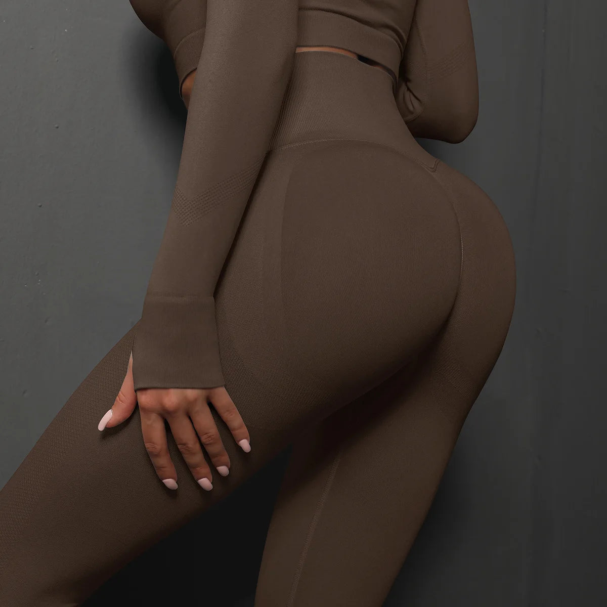 High-waist brown seamless yoga leggings with scrunch back, full coverage fit