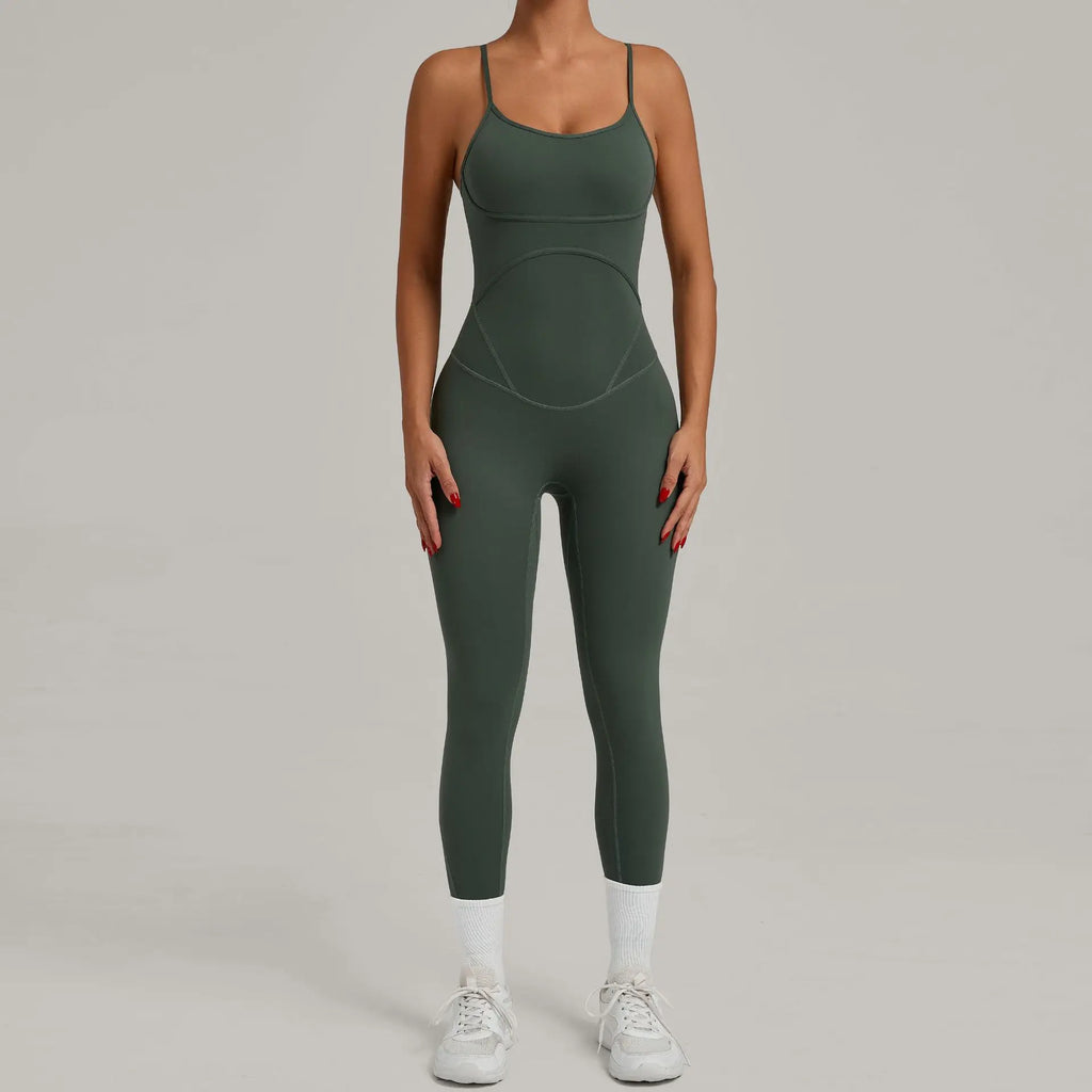 Basil green one-piece yoga bodysuit with scoop neckline and fitted capri legs