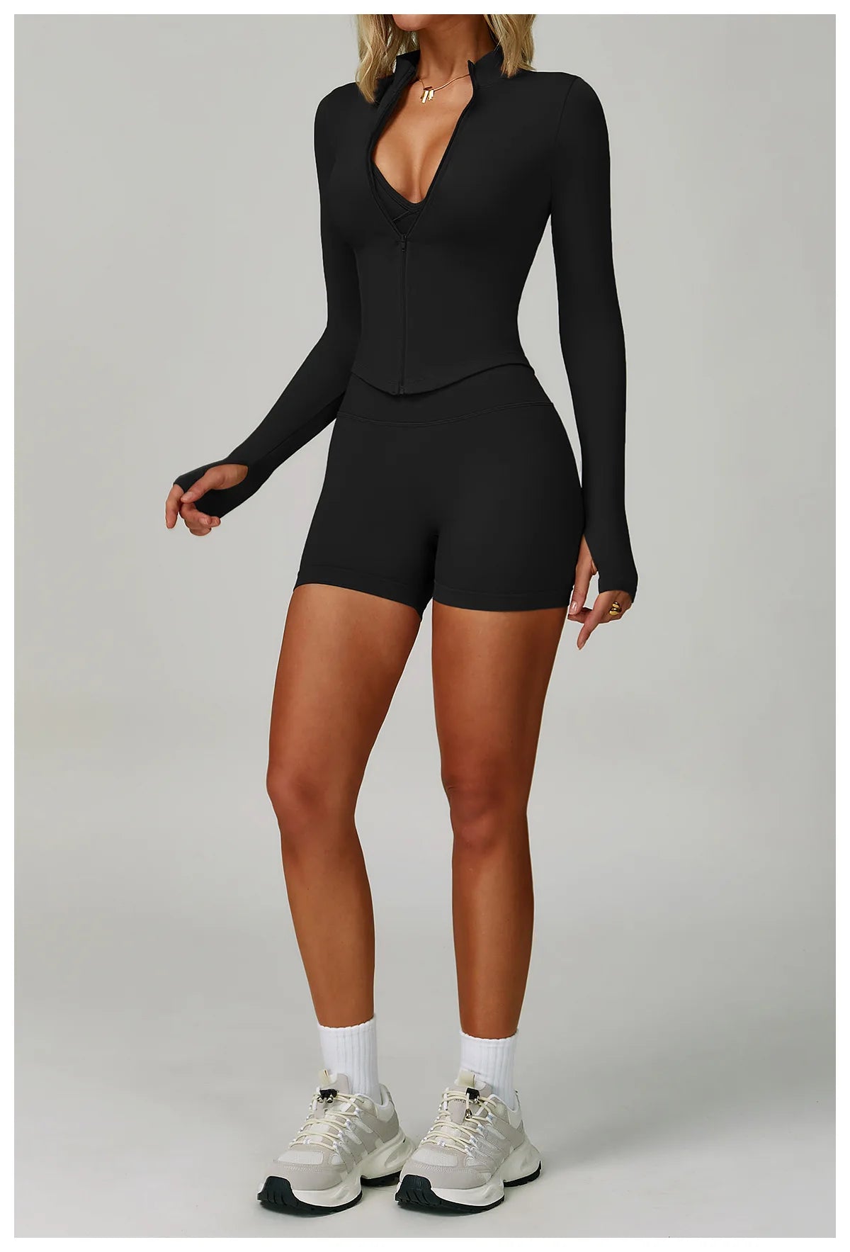 That Girl | Sports Bra + Active Shorts + Jacket w/ Thumb Holes Matching Set