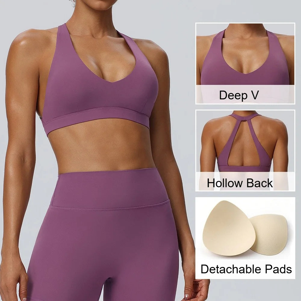 VEQKING Hollow Back Women Sports Bras Naked Feel Yoga Crop Tops Detachable Pads Gym Fitnss Bralettes Quick Dry Workout Tops
