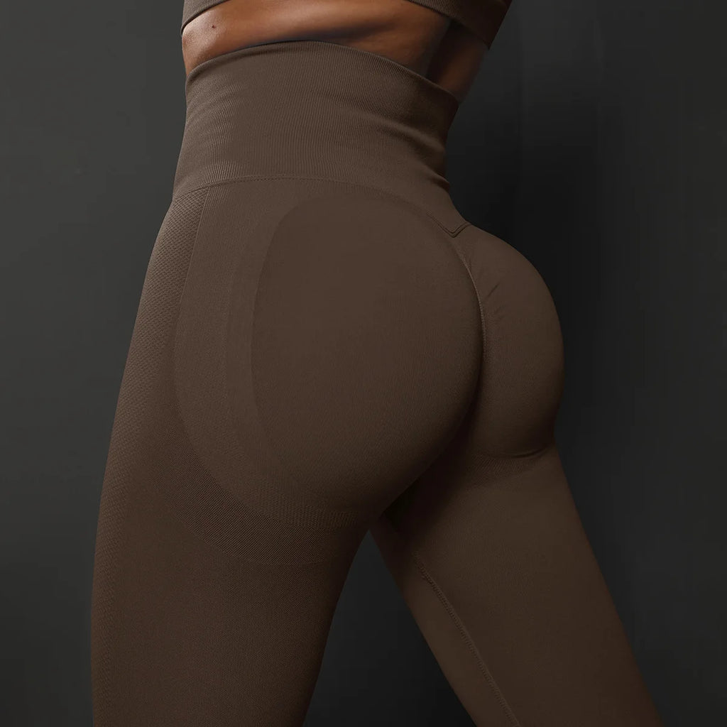 High-waist brown seamless yoga leggings with scrunch back detail on hips