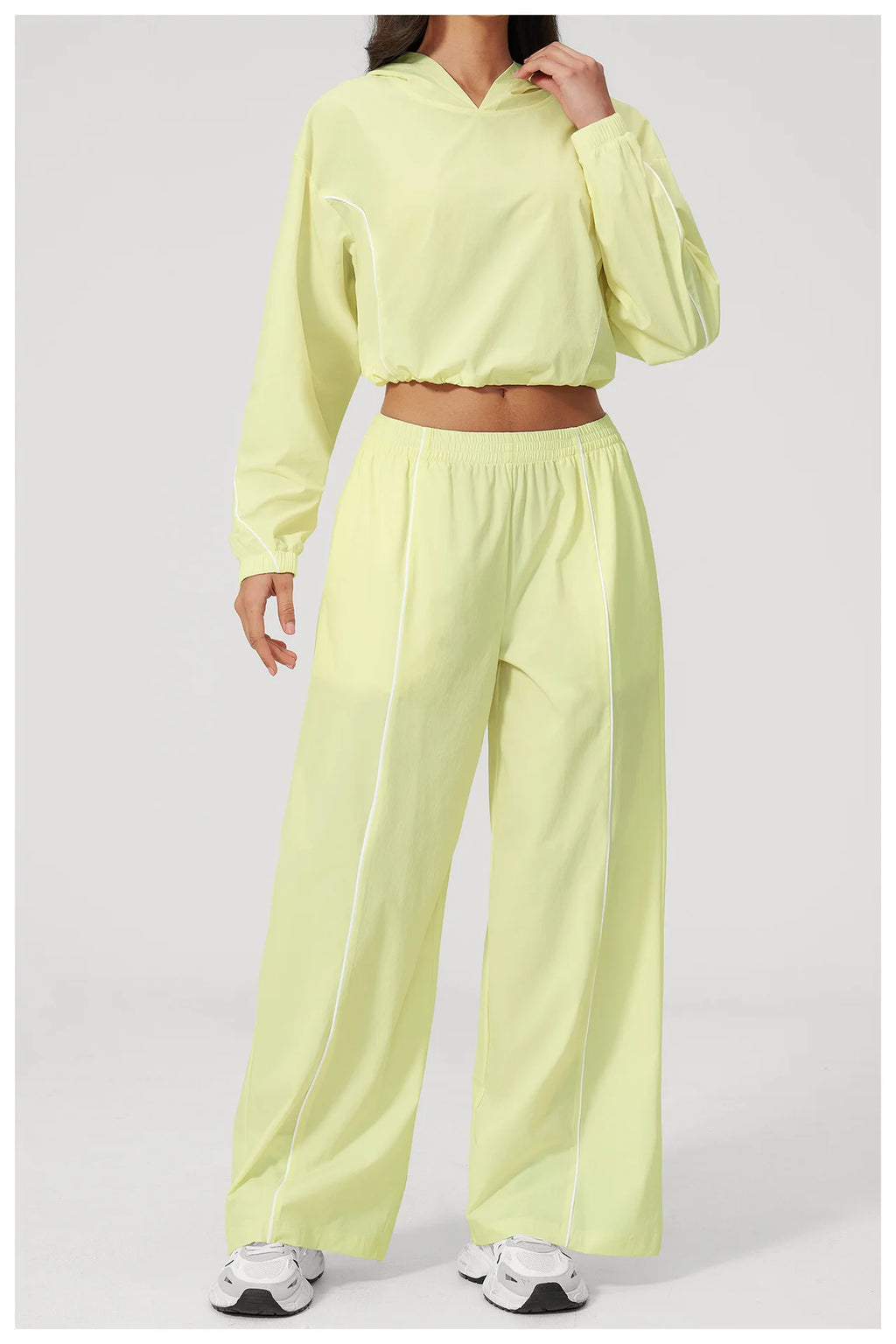 Women’s lemon yellow hooded windbreaker top with elastic waist wide-leg pants set