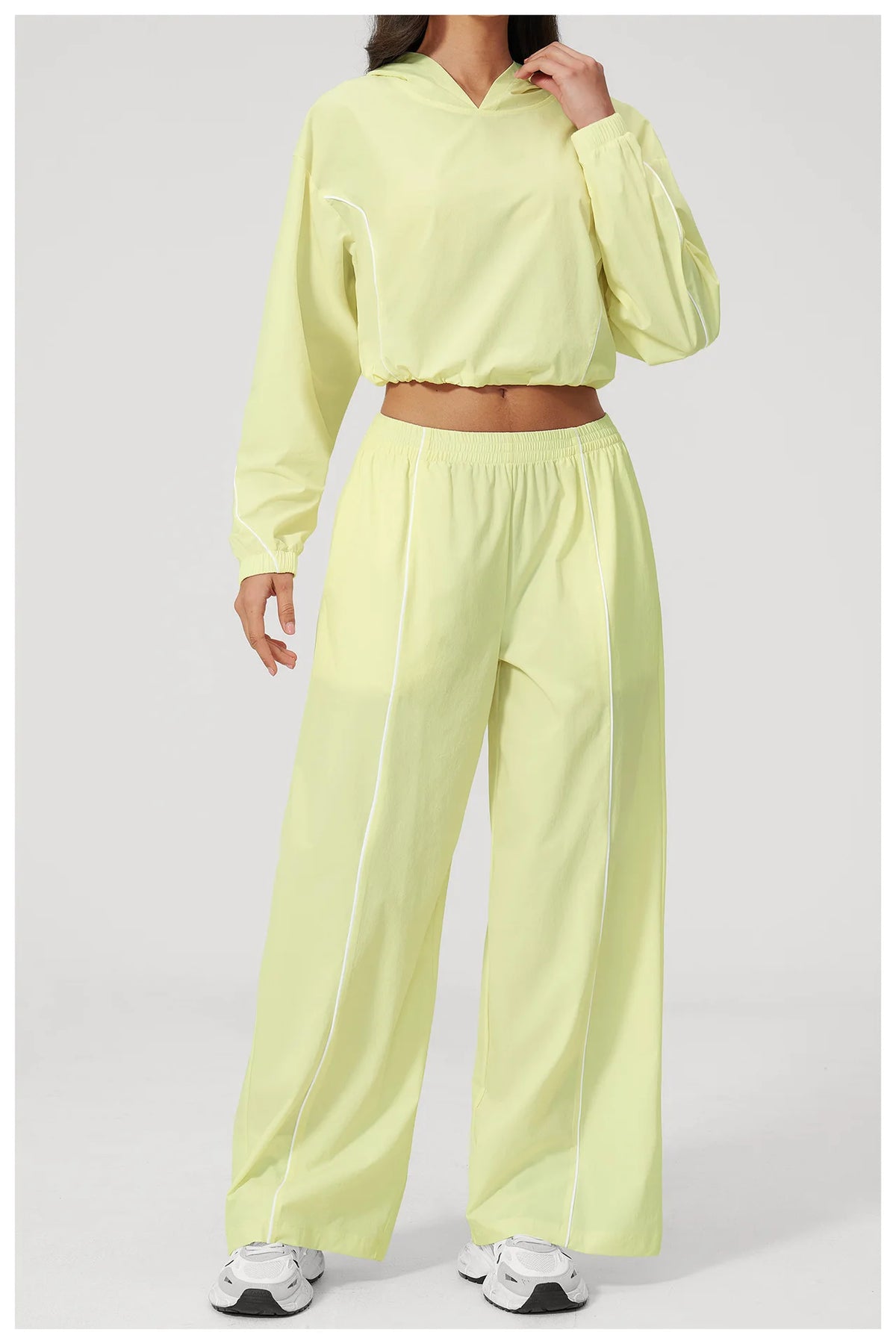 Women’s lemon yellow hooded windbreaker top with elastic waist wide-leg pants set