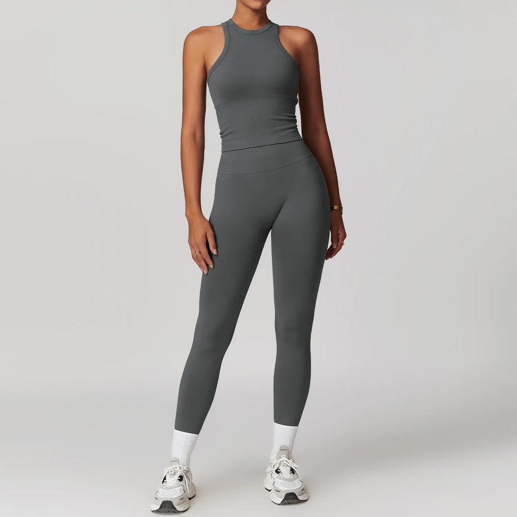 Dark grey matching workout set: high-neck racer tank and ankle leggings