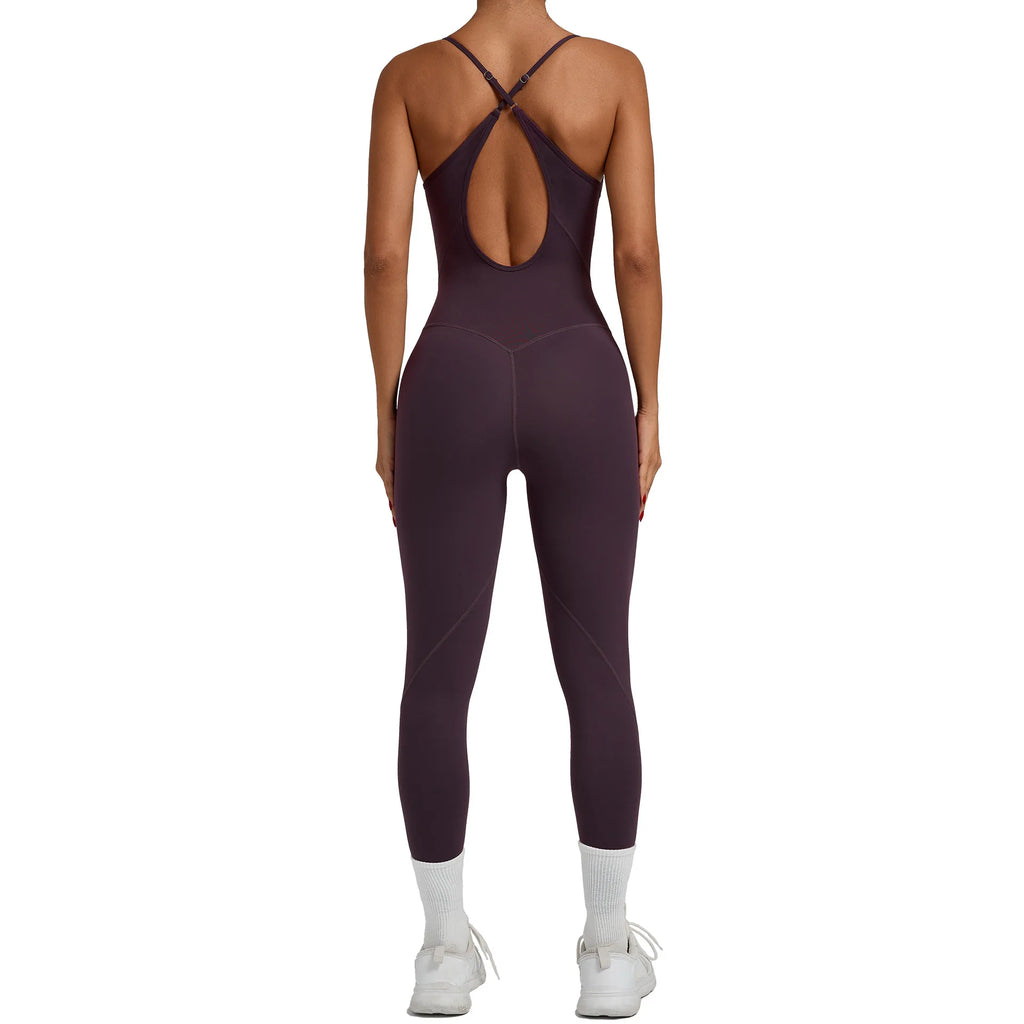 Women’s sleeveless yoga jumpsuit, crisscross open back, grape purple, full-length