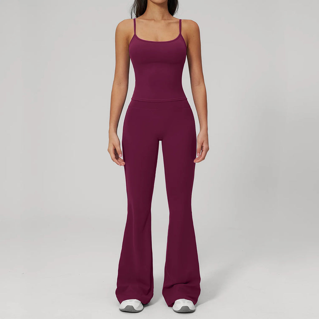 Women’s purple sports tank and flared legging set, front view