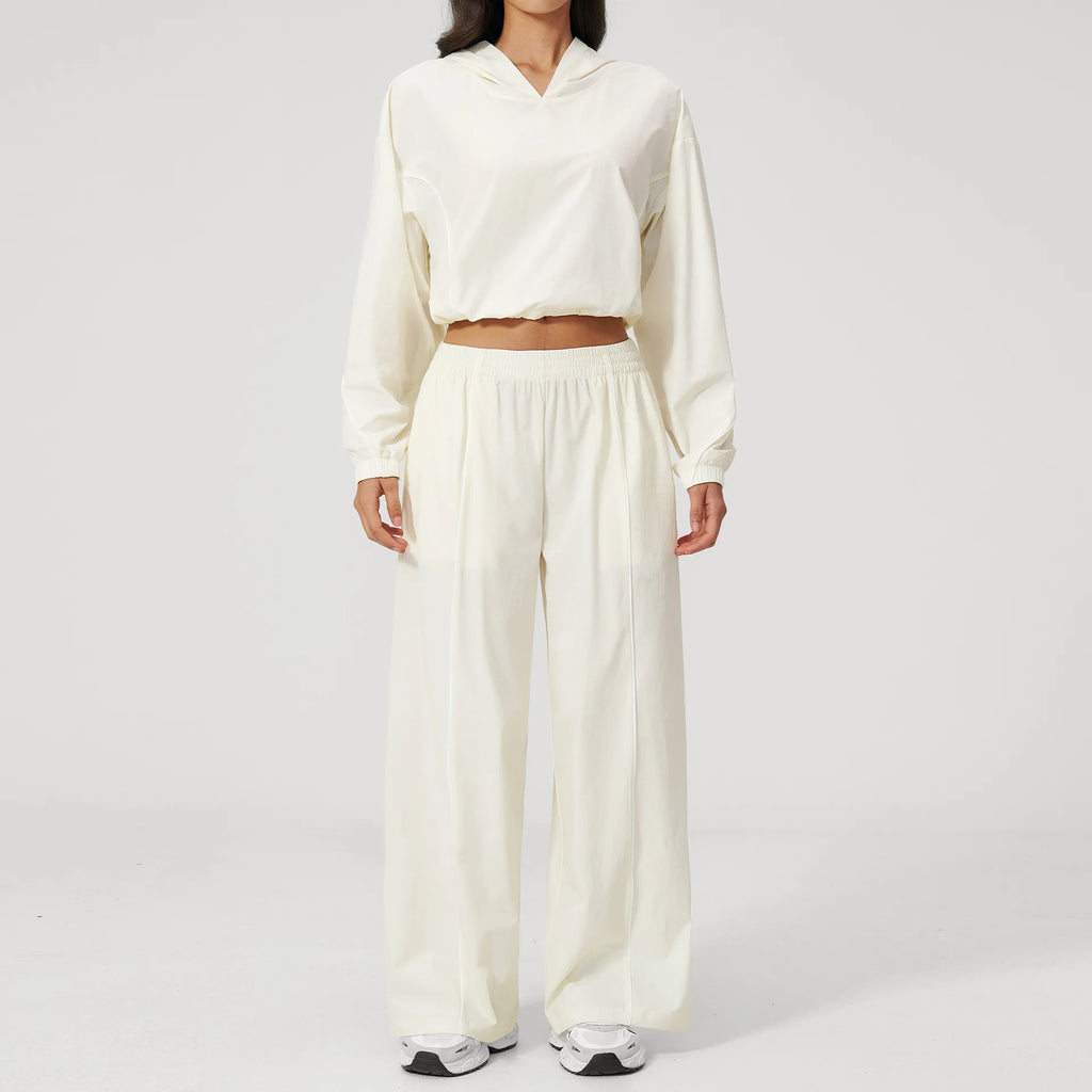Cream hooded sports set, long-sleeve cropped top and wide-leg sweatpants