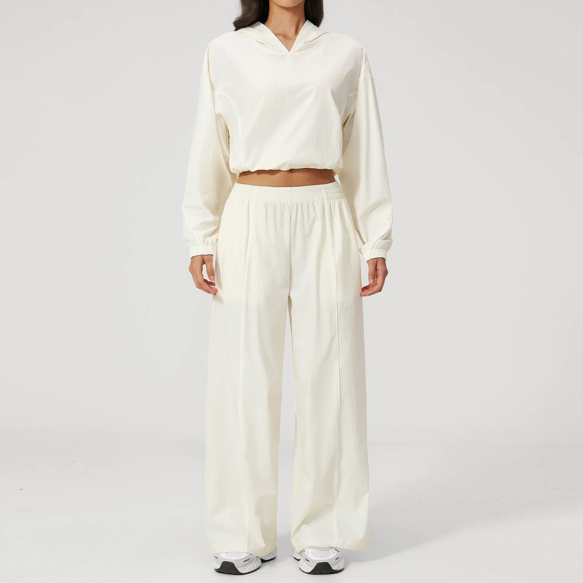Cream hooded sports set, long-sleeve cropped top and wide-leg sweatpants