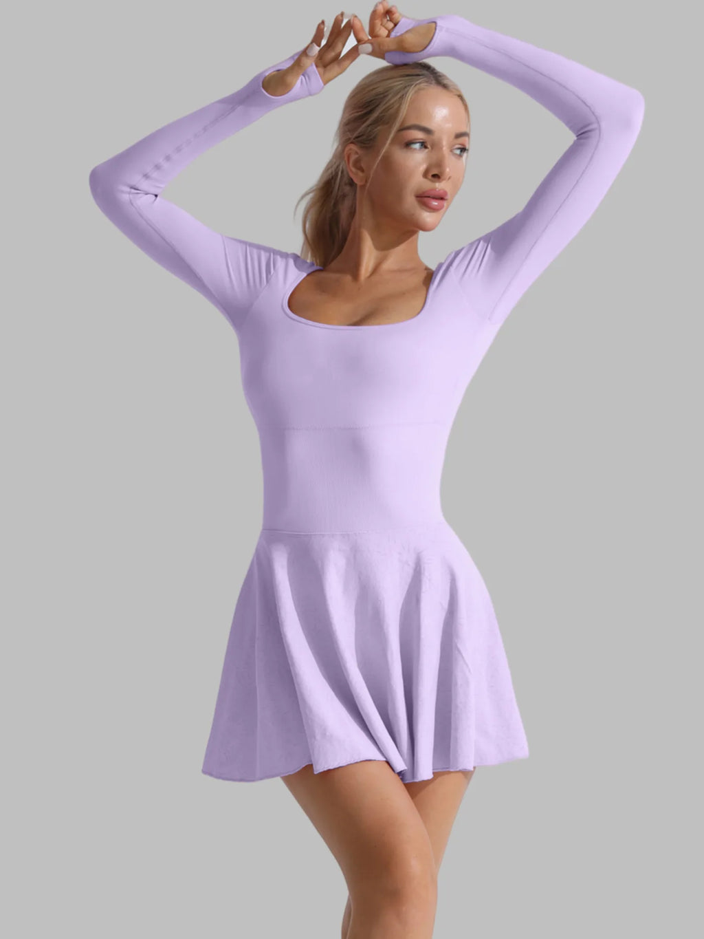 Light purple long-sleeve active dress with scoop neckline and flared skater skirt