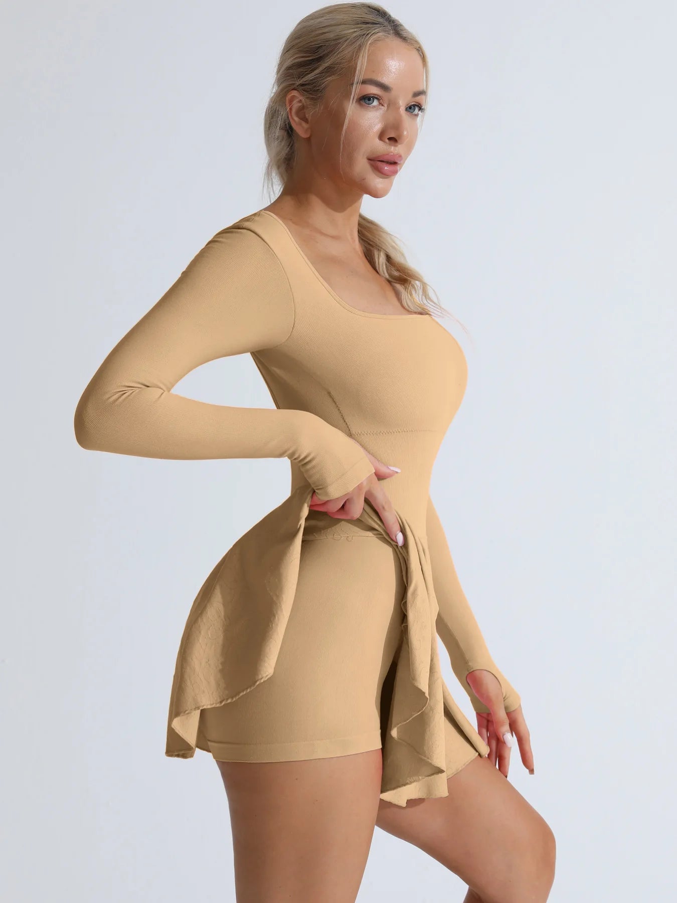 Butter long-sleeve active dress with side tie overlay and built-in shorts