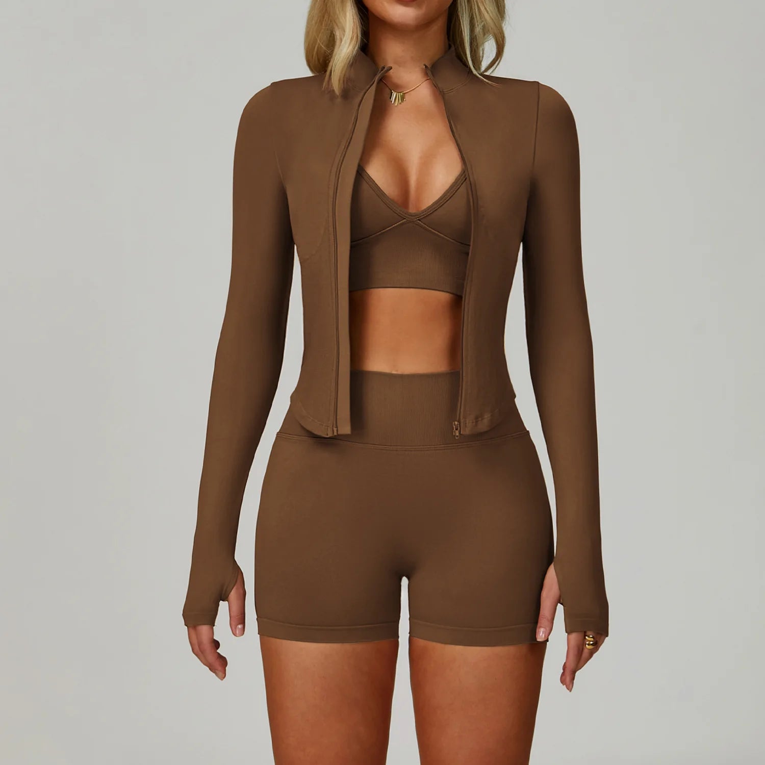 That Girl | Sports Bra + Active Shorts + Jacket w/ Thumb Holes Matching Set