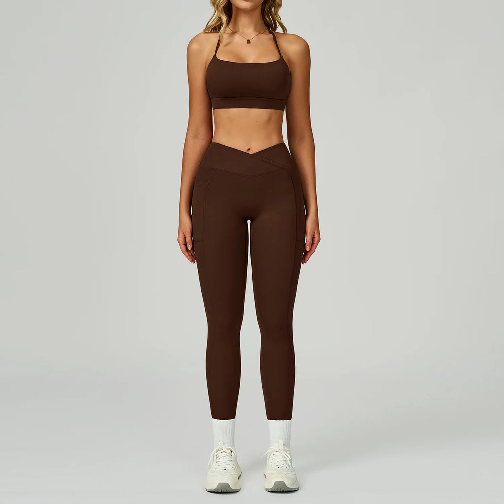 Sports bra and pocket leggings set, Hauncha brown, high-rise leggings