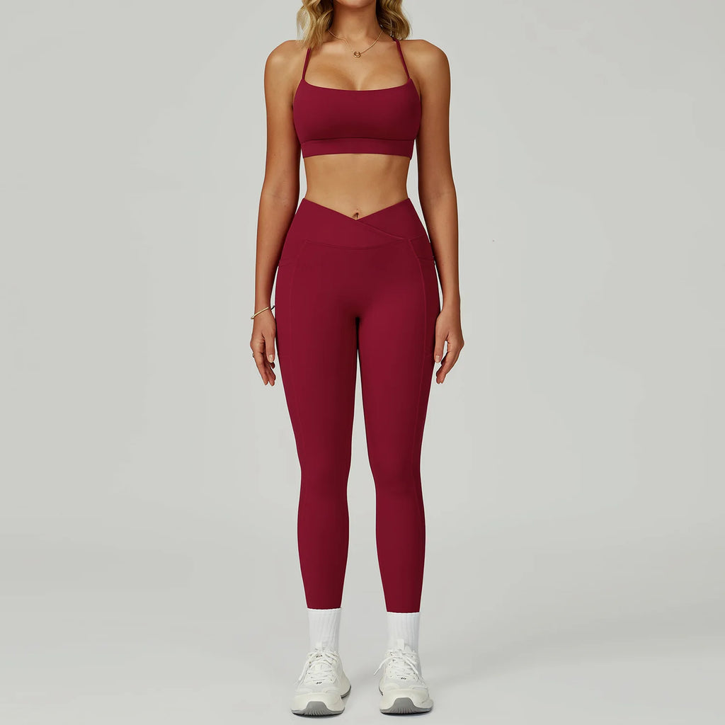 Sports bra and pocket leggings set, wine red, high-rise leggings