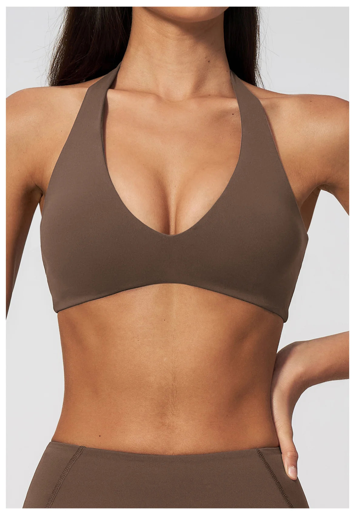 Mocha brown halter neck yoga bra with deep V front and racerback cut