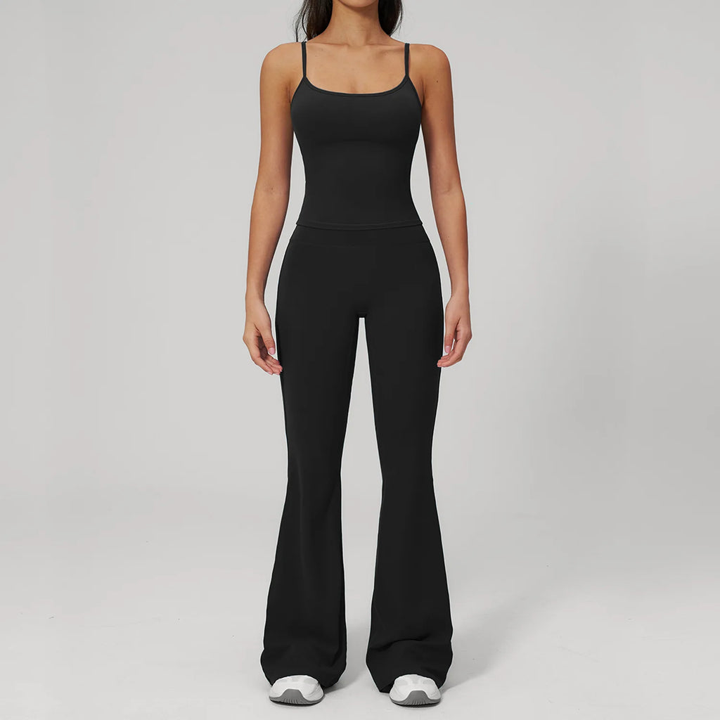 Women’s black sports tank top and wide-leg leggings set