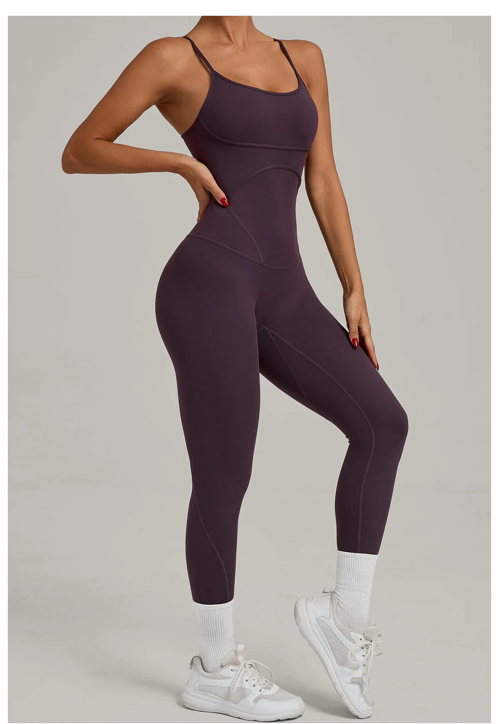 Women’s sleeveless yoga jumpsuit, scoop neckline, grape purple, full-length leggings