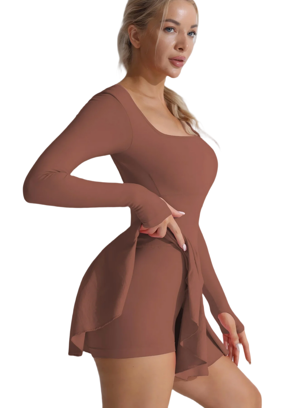 Brown long-sleeve active dress with layered flared skirt and built-in shorts