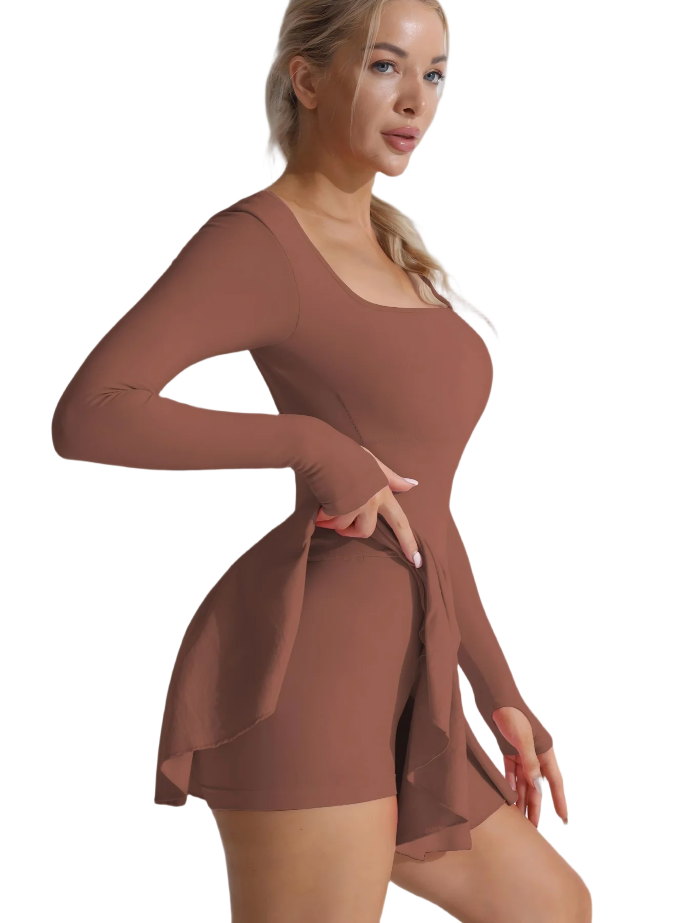Brown long-sleeve active dress with layered flared skirt and built-in shorts