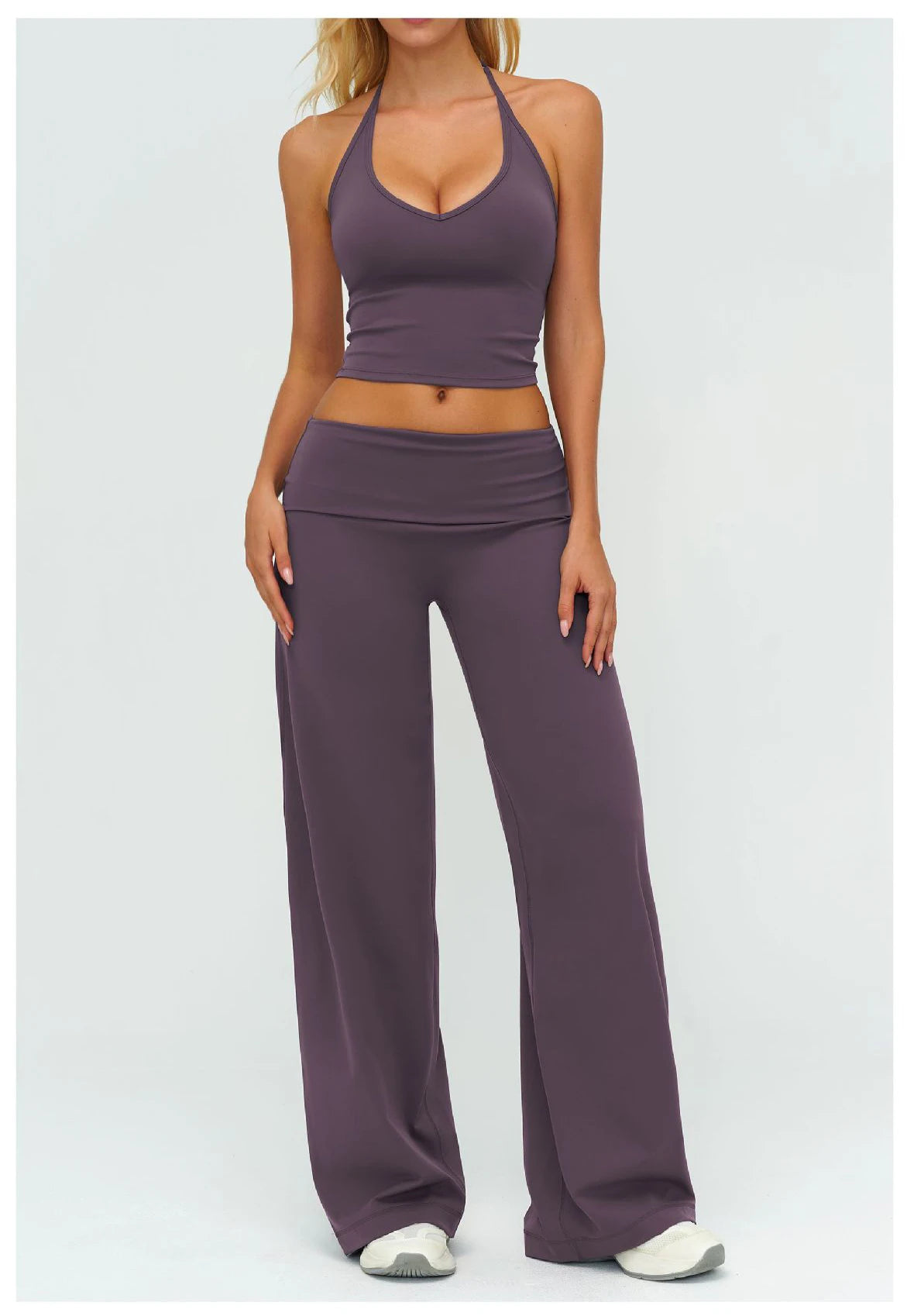 Yoga set: halter sports bra and wide-leg pants in dark purple, 2-piece set