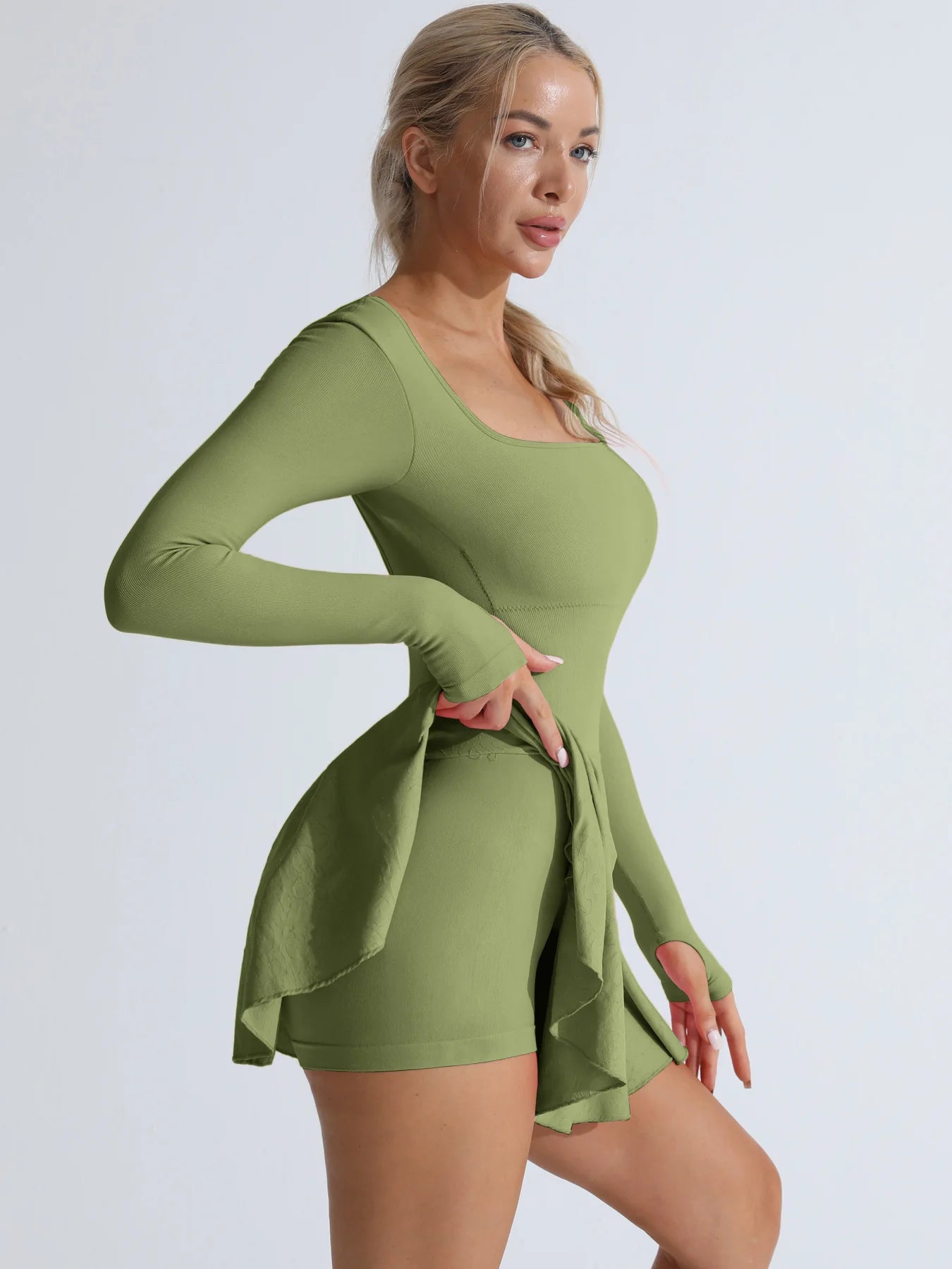 Onion green long-sleeve active dress with flared skirt and built-in shorts