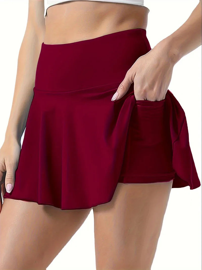 Women's Solid Color High Waisted Tennis Pleated Skirts Inner Pocket Quick Drying Sports Short Running Fitness Skirt