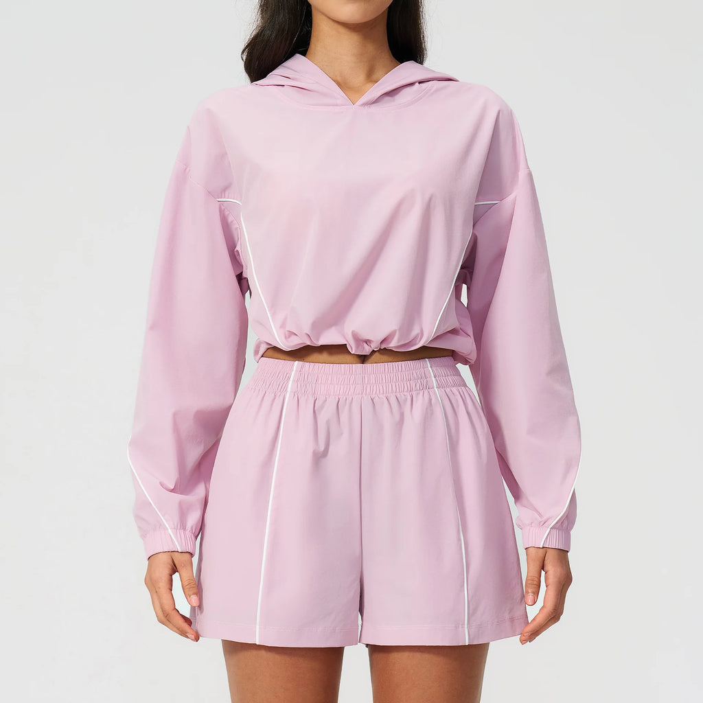 Women's hooded windbreaker jacket and drawstring shorts set, light purple