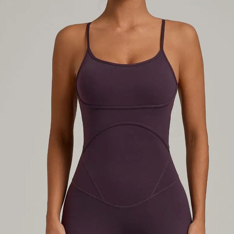 Grape purple yoga jumpsuit with spaghetti straps, full-length straight legs