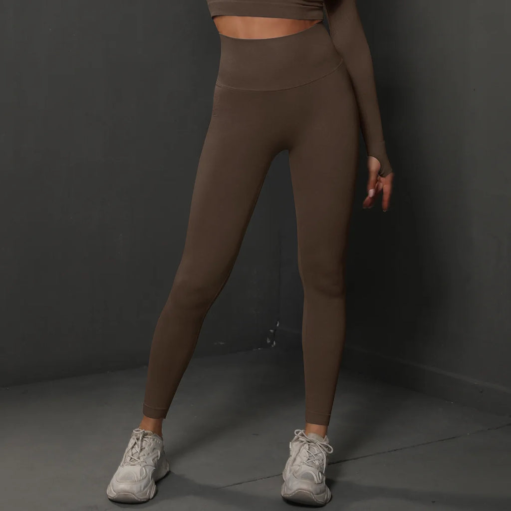 High-waist brown yoga leggings with seamless scrunch back, full length