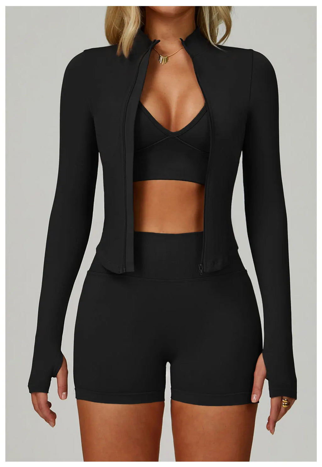 That Girl | Sports Bra + Active Shorts + Jacket w/ Thumb Holes Matching Set