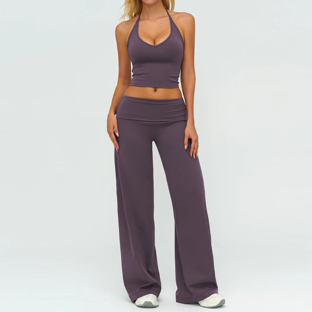 Purple halter sports bra and wide-leg yoga pants set, 2-piece