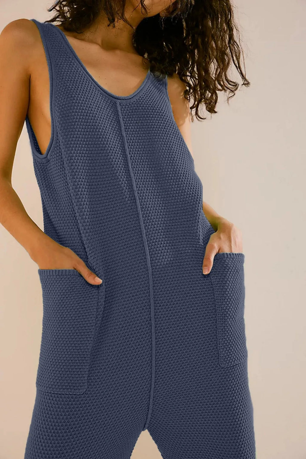 Mead blue knit wide-leg romper with scoop neck and front pockets