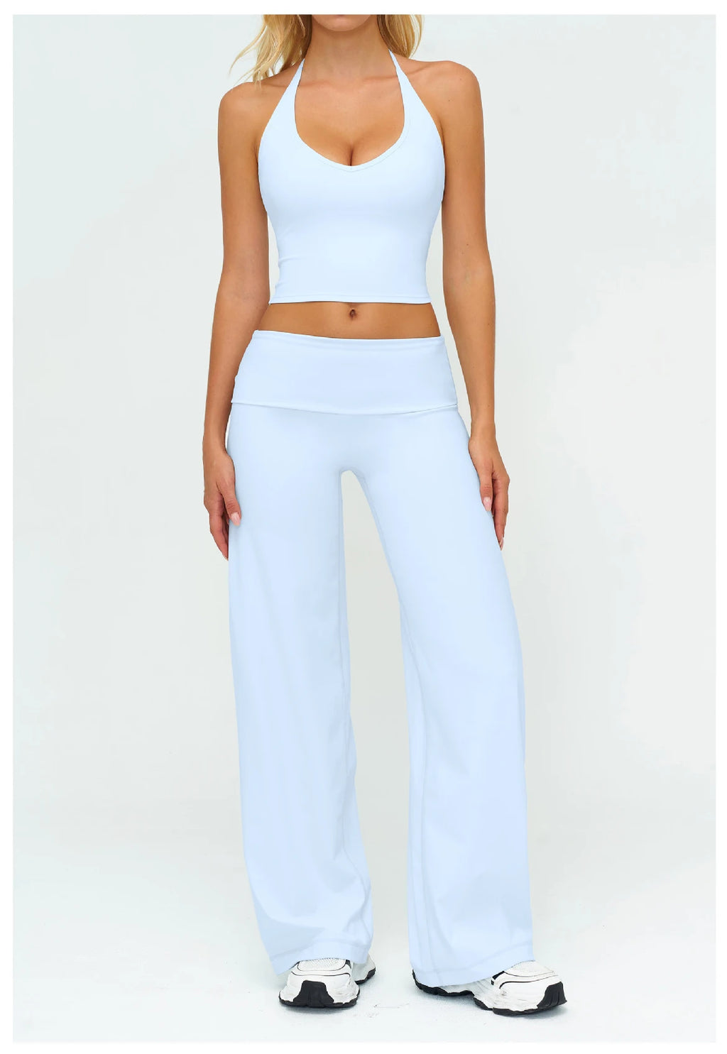 Light blue yoga set: halter sports bra and high-rise wide-leg pants