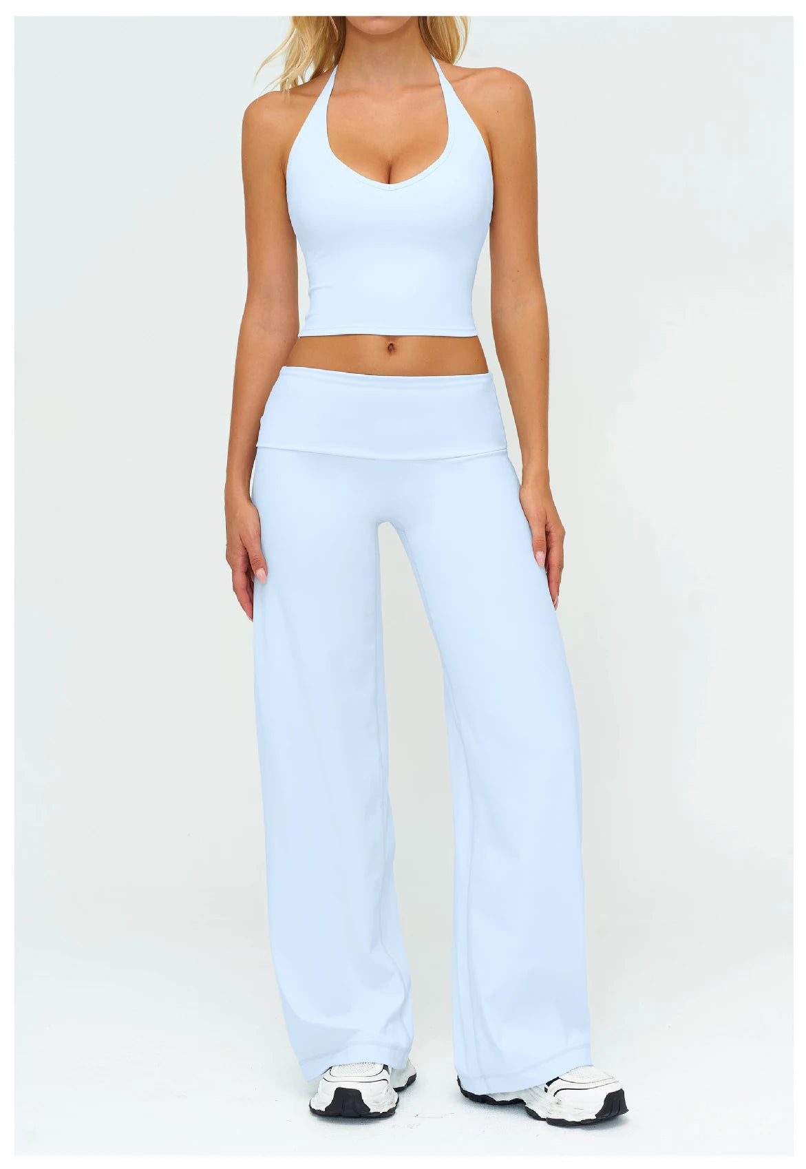 Light blue yoga set: halter sports bra and high-rise wide-leg pants