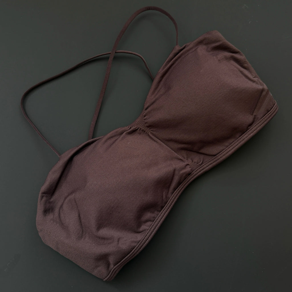 Mocha brown spaghetti-strap sports bra close-up