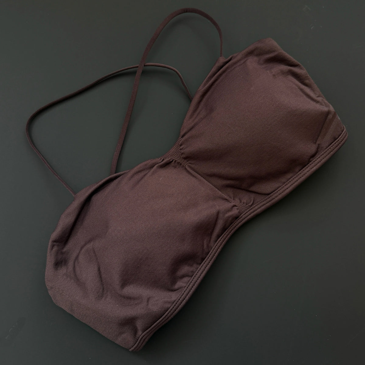 Mocha brown spaghetti-strap sports bra close-up