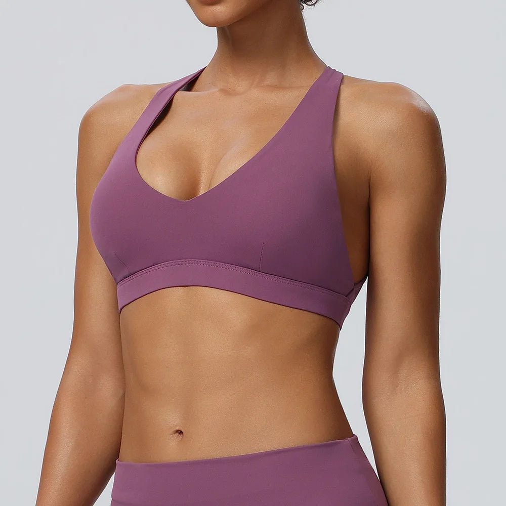 VEQKING Hollow Back Women Sports Bras Naked Feel Yoga Crop Tops Detachable Pads Gym Fitnss Bralettes Quick Dry Workout Tops
