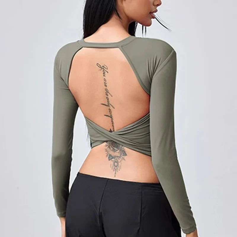 Compressed Never Stressed | Backless Long Sleeve Fitted Active Crop Top