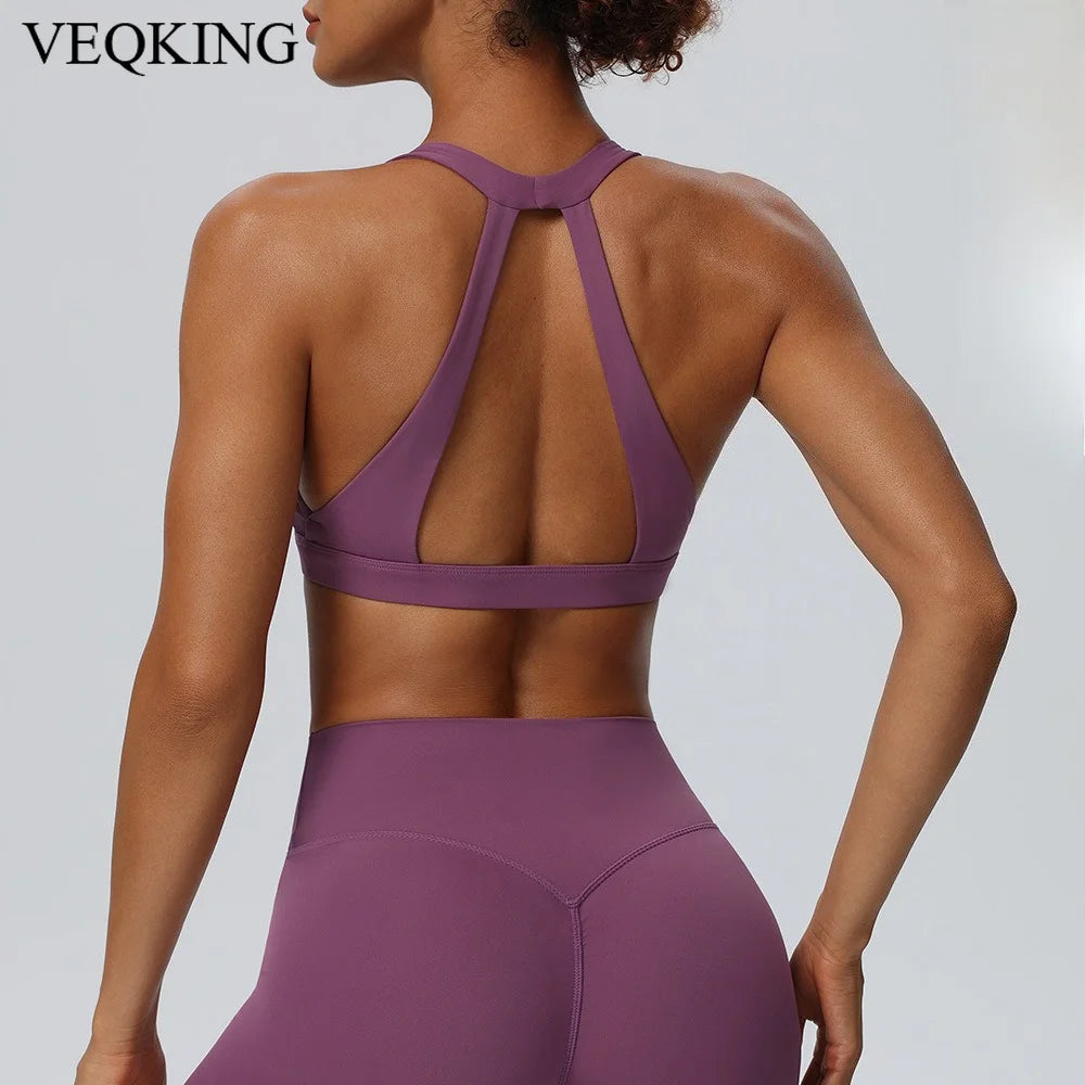 VEQKING Hollow Back Women Sports Bras Naked Feel Yoga Crop Tops Detachable Pads Gym Fitnss Bralettes Quick Dry Workout Tops