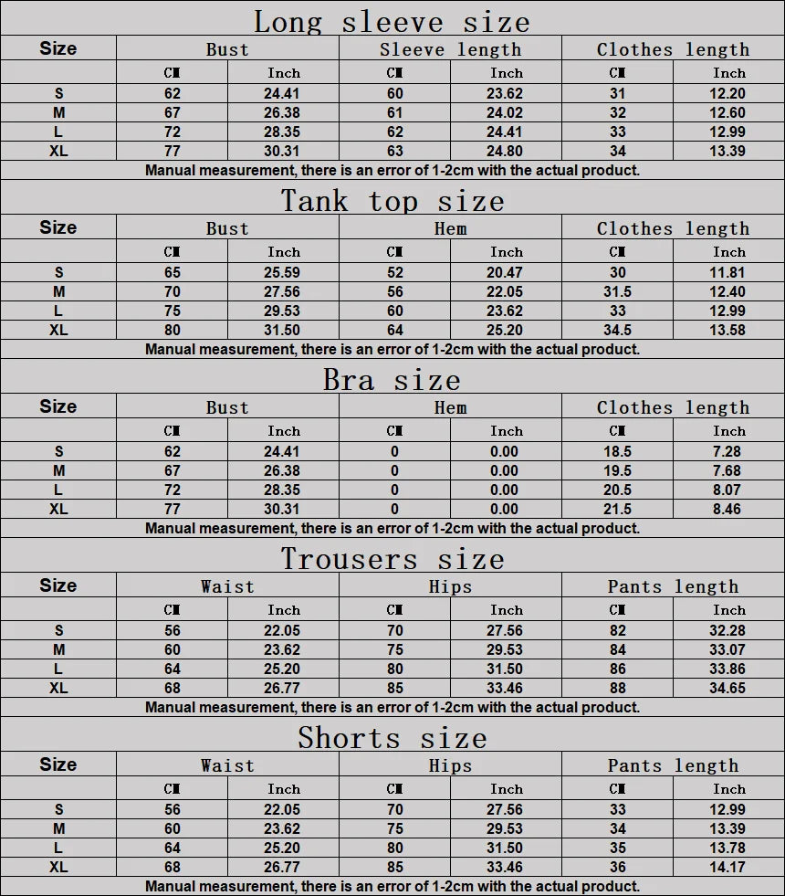 Size chart for 3-piece set: bra, tank, trousers, shorts