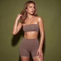 Women's strapless sports bra and high-waist shorts set, taupe brown