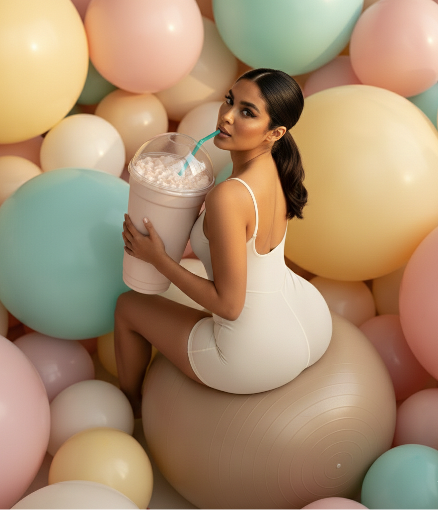 Woman holding a pink drink with a straw surrounded by pastel balloons