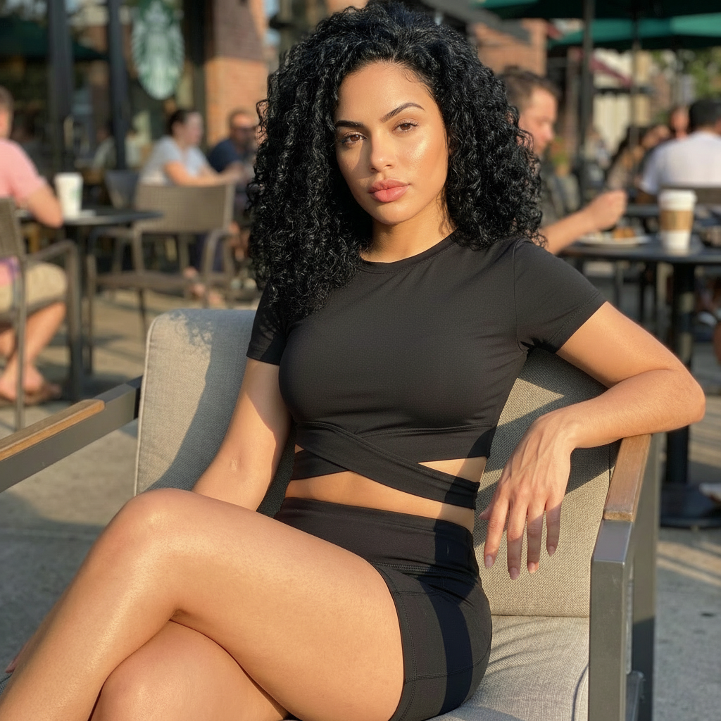 Woman in a black outfit sitting outdoors with blurred people and tables in the background