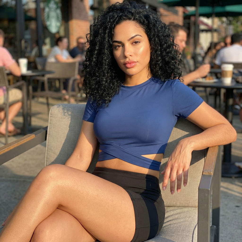 Woman in a blue top and black shorts sitting on a chair outdoors with people and tables in the background.