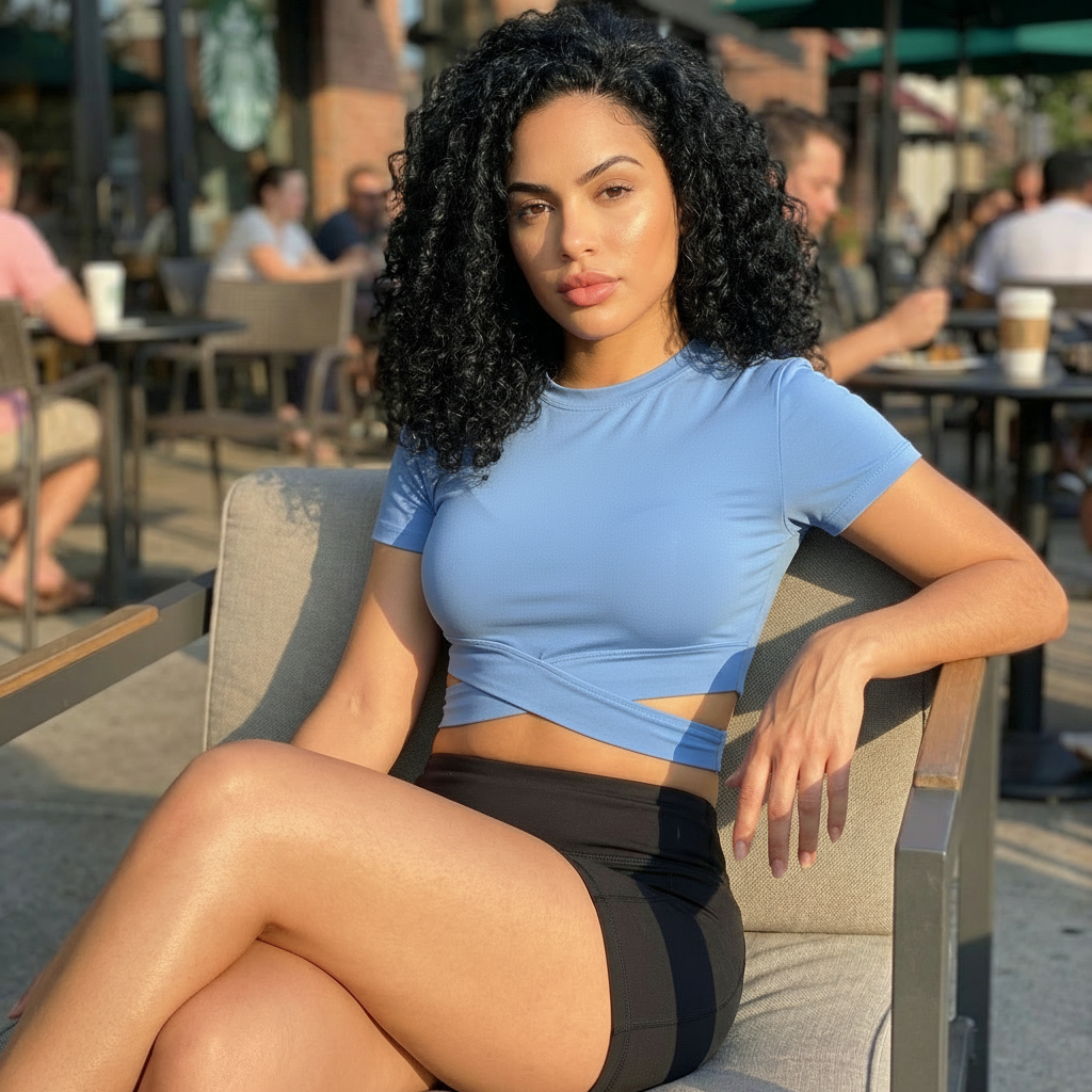 Woman in a blue top and black shorts sitting outdoors with people and tables in the background