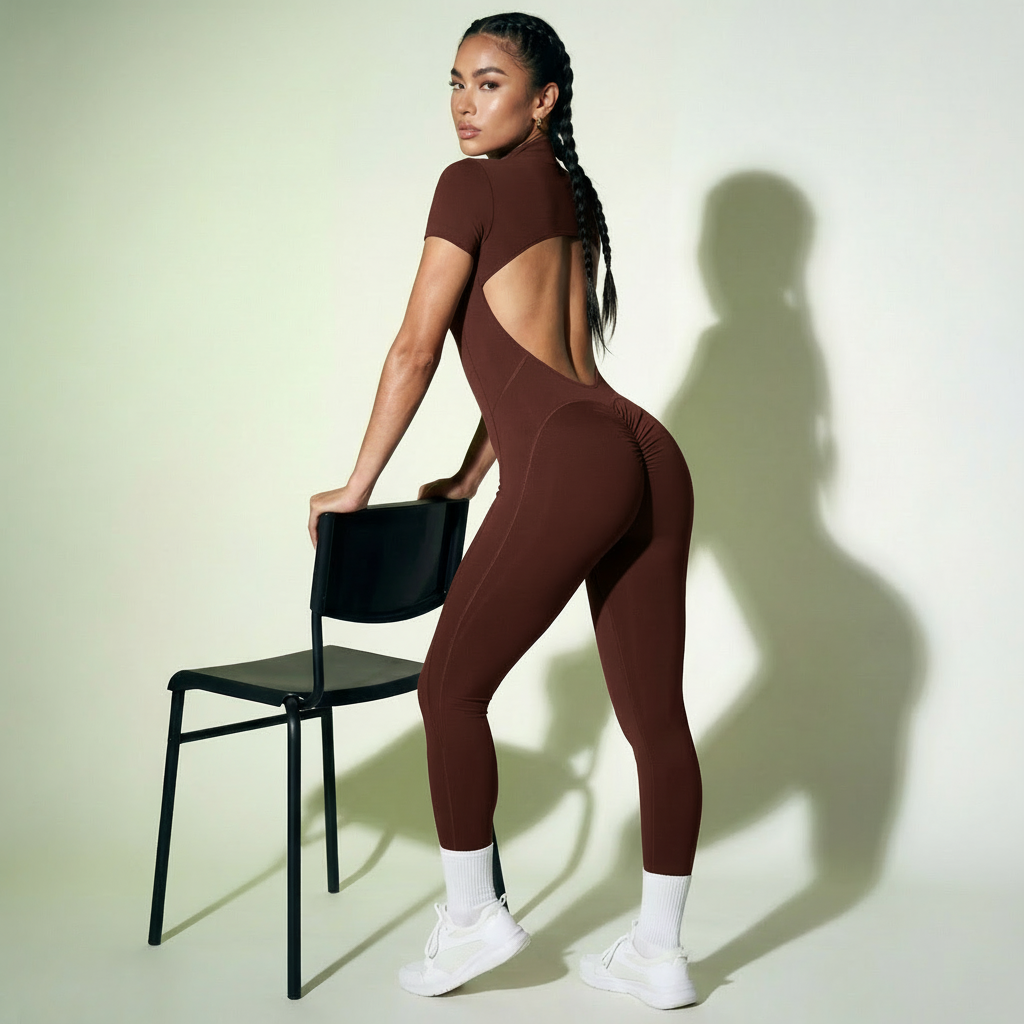 Maroon short-sleeve zip jumpsuit, rear view with deep back cutout