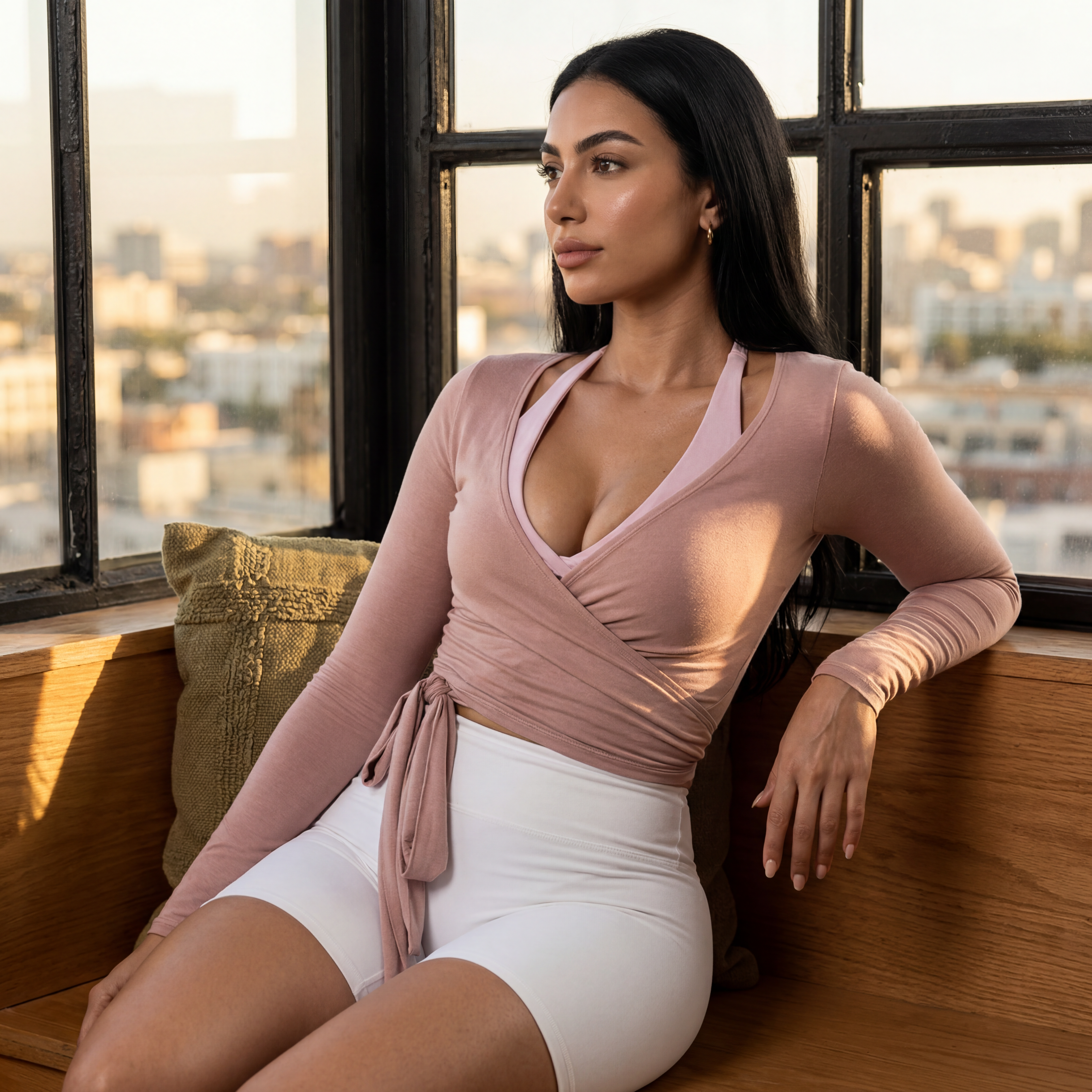 Woman in a pink top and white shorts sitting by a window with a cityscape view.