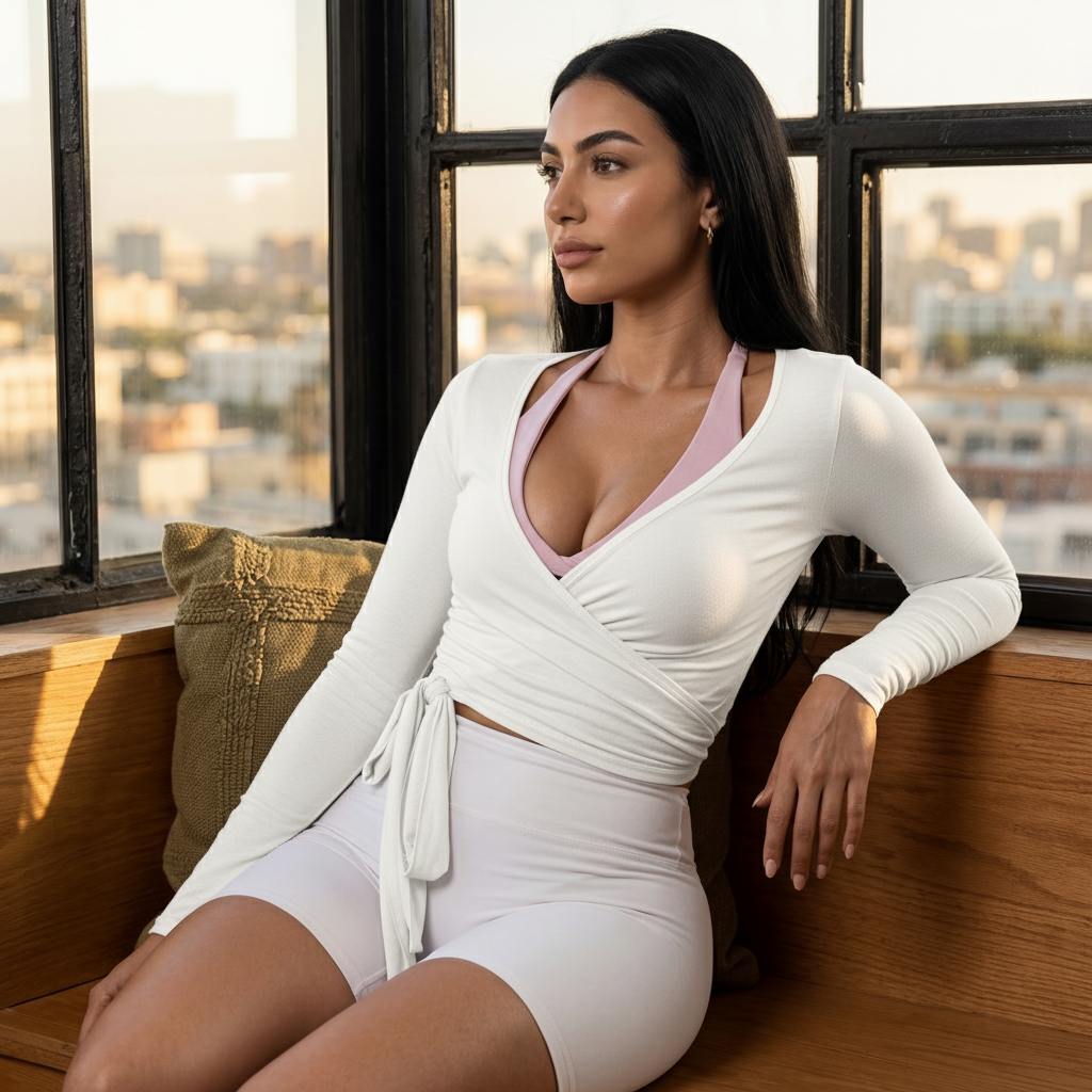 Woman in a white outfit sitting by a window with a cityscape view